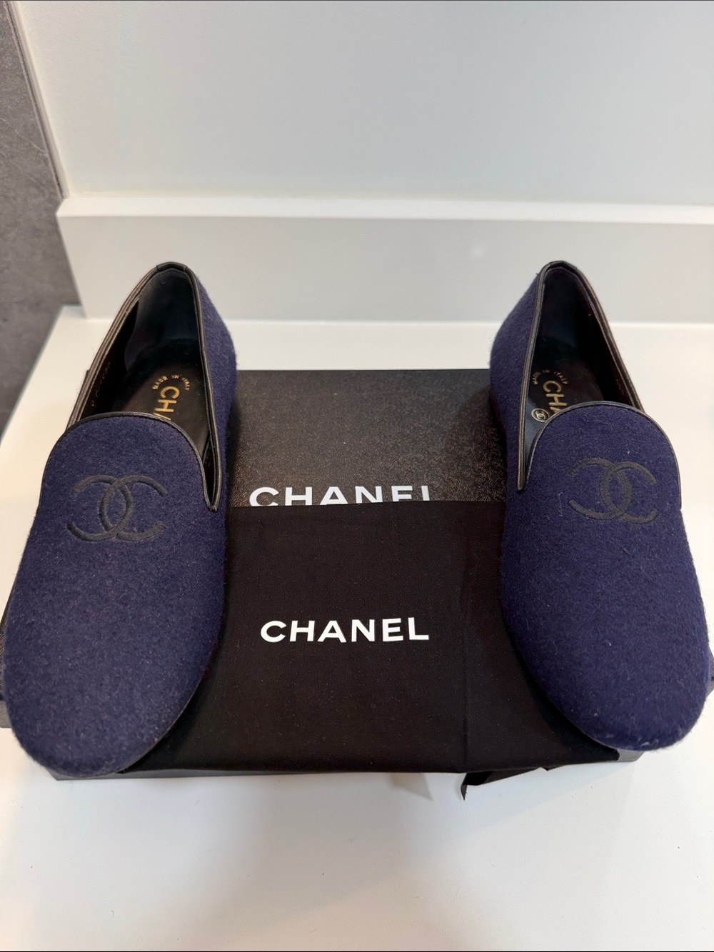CHANEL Navy Wool CC Logo Slip-On Flats